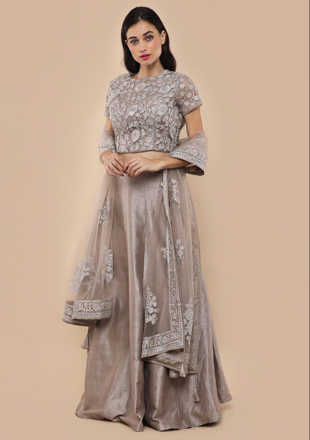 Beige Stone Work Silk Designer Lehenga-Koskii
