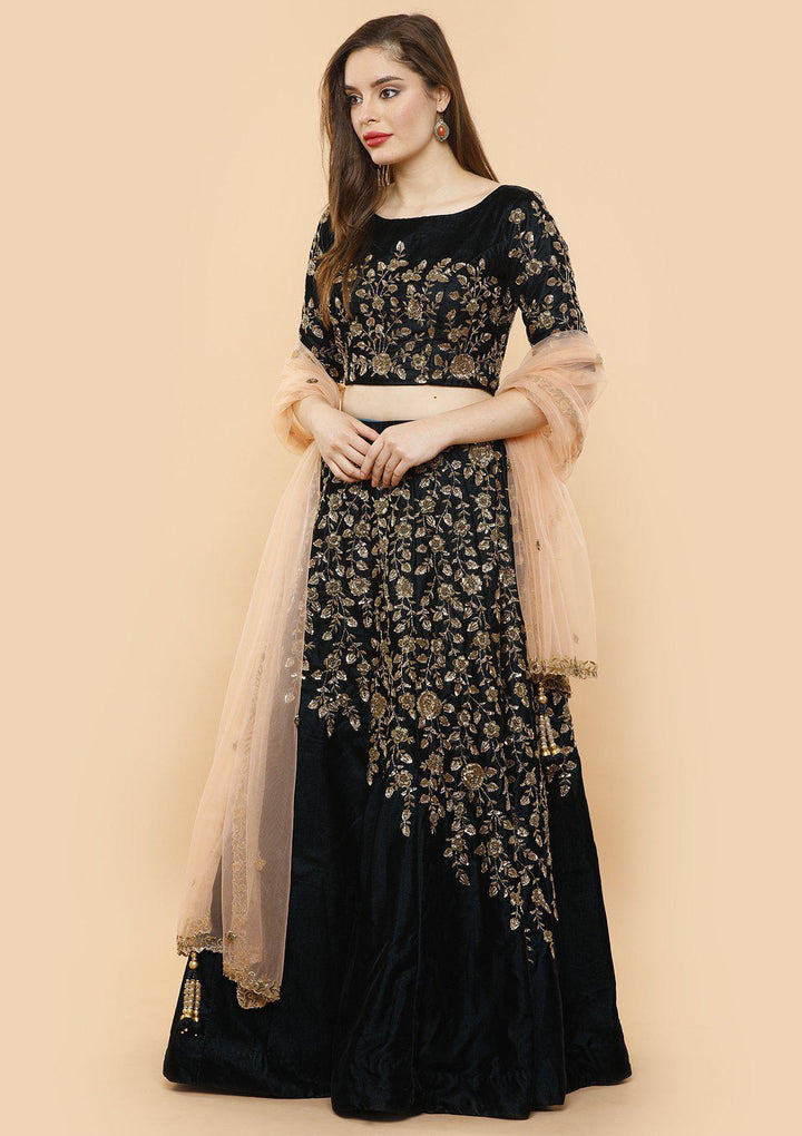 koskii forest green zari velvet bridal lehenga-Koskii