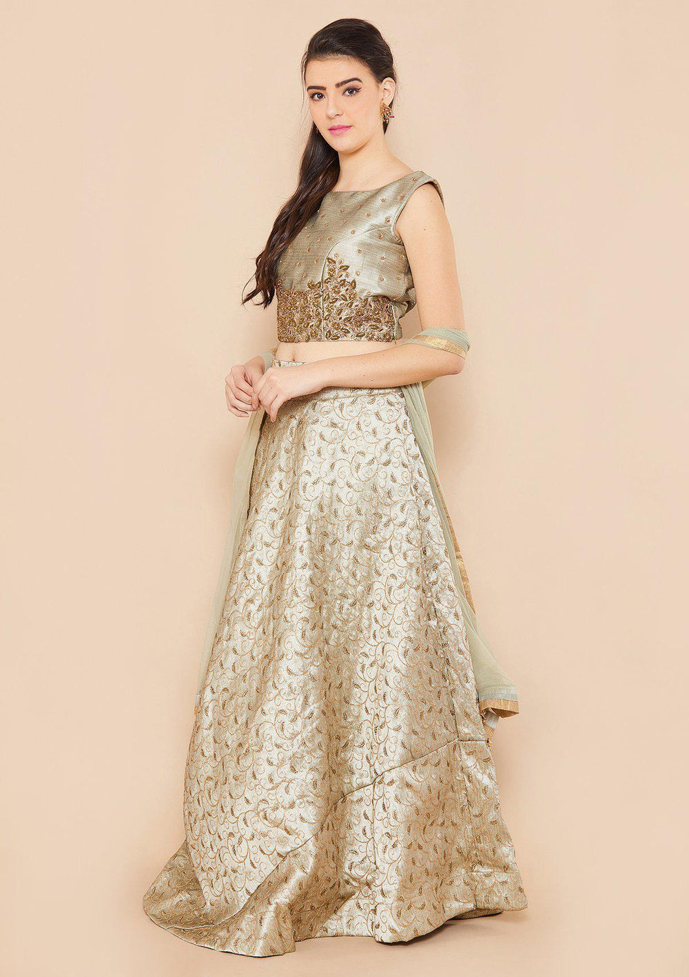 Silver Stonework Rawsilk Designer Lehenga-Koskii