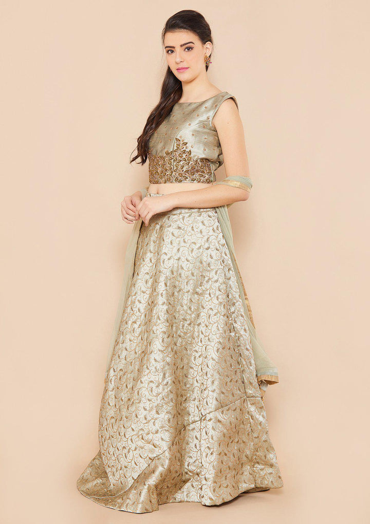 Silver Stonework Rawsilk Designer Lehenga-Koskii