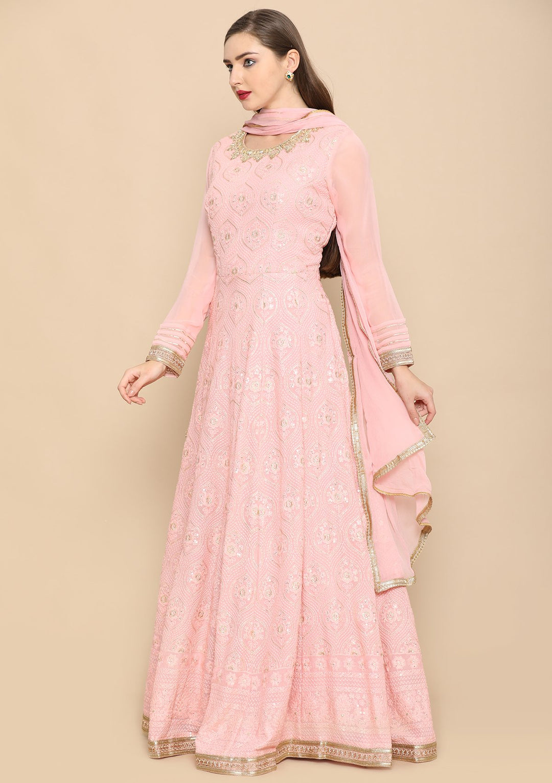 Baby Pink Zari Work Georgette Designer Gown-Koskii