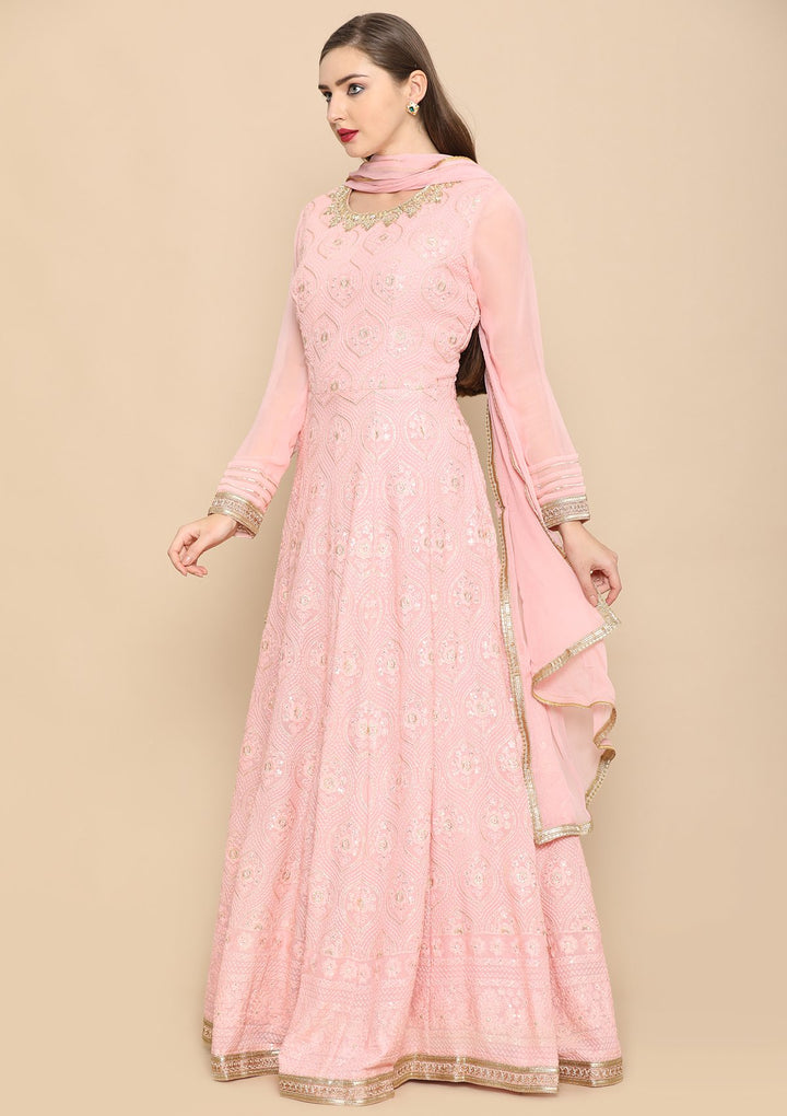 Baby Pink Zari Work Georgette Designer Gown-Koskii