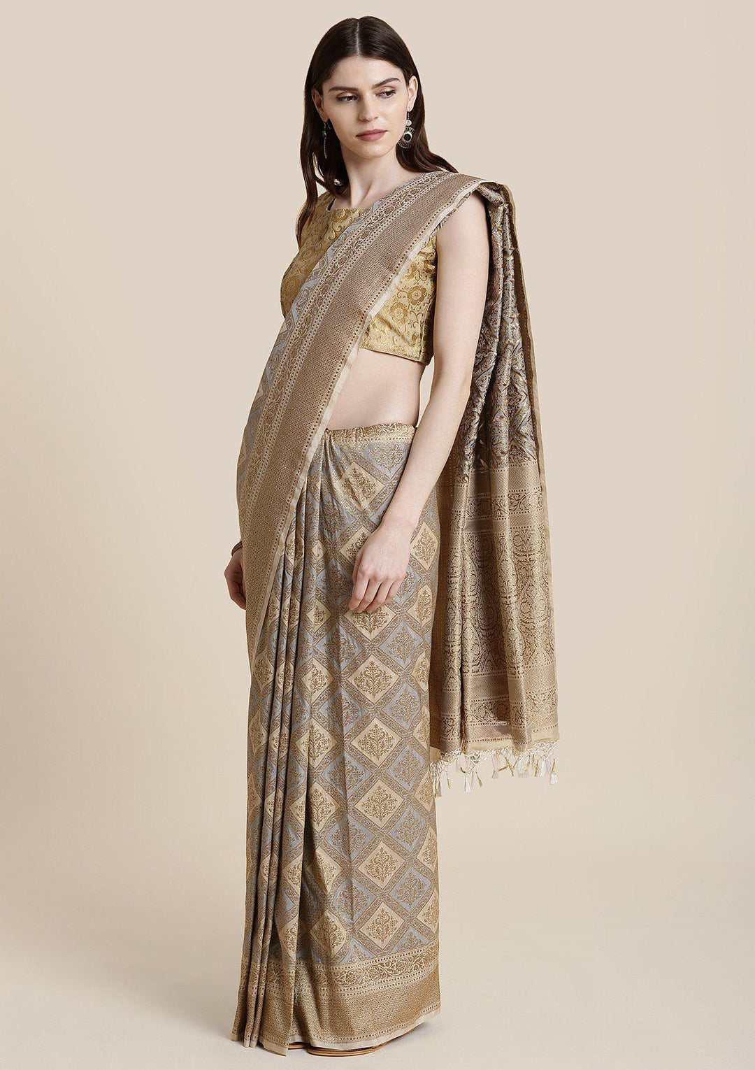 Fawn Zariwork Brocade Designer Saree-Koskii