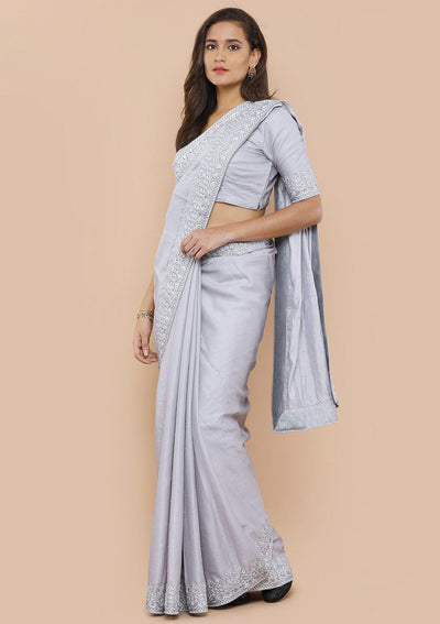 Metallic Grey Pearl and Lace Designer Saree-Koskii