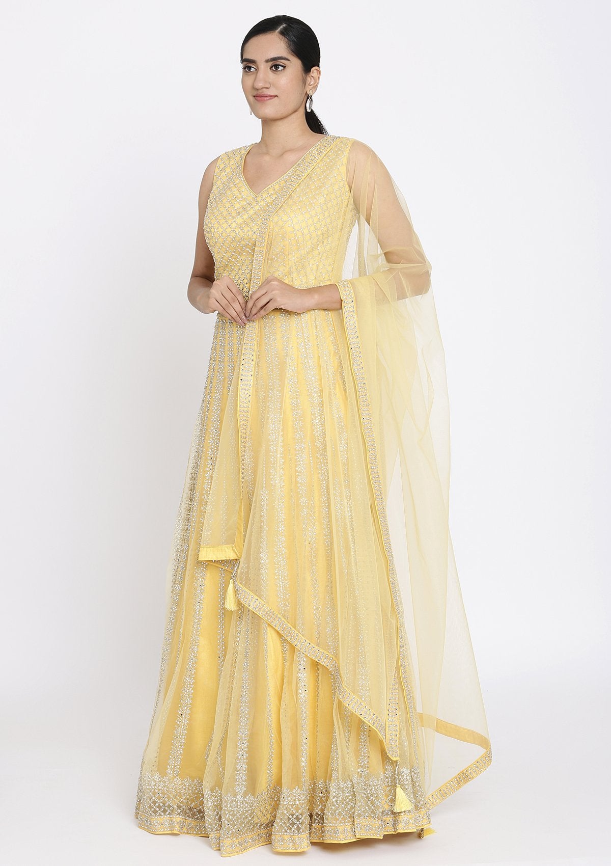 Yellow Silver Stonework Net Designer Gown - koskii