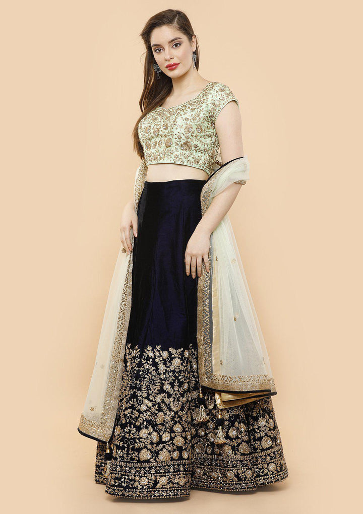 KOSKII VELVET green and midnight blue bridal lehenga-Koskii