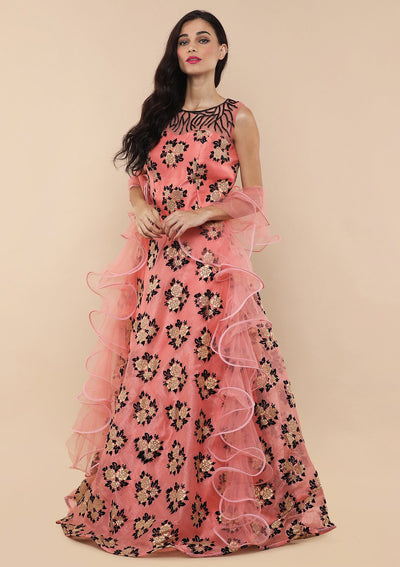 Baby Pink Floral Appliqu???Ìâ?å©d Silk Designer Gown-Koskii
