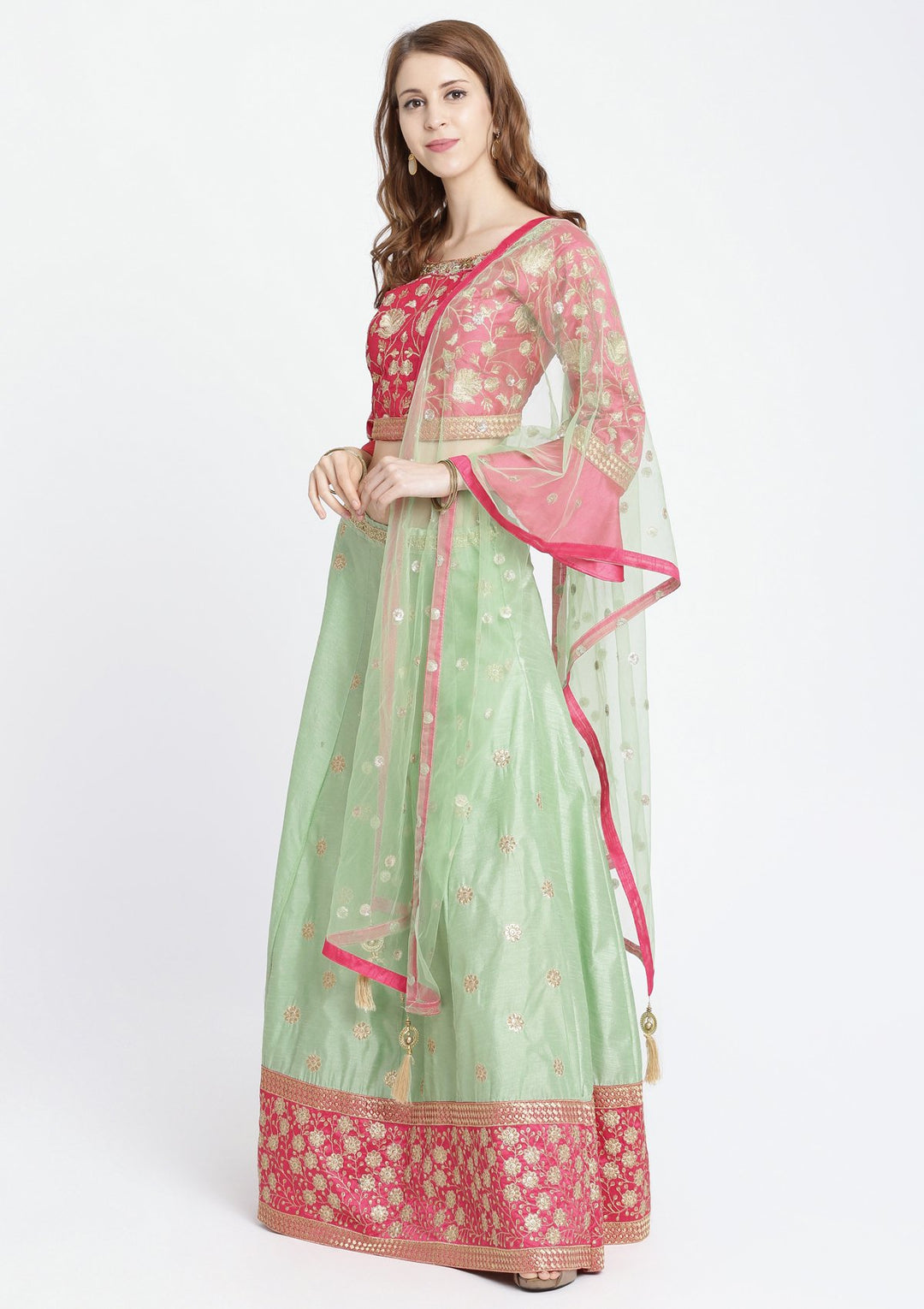 Pista Green Zariwork Rawsilk Designer Lehenga-Koskii