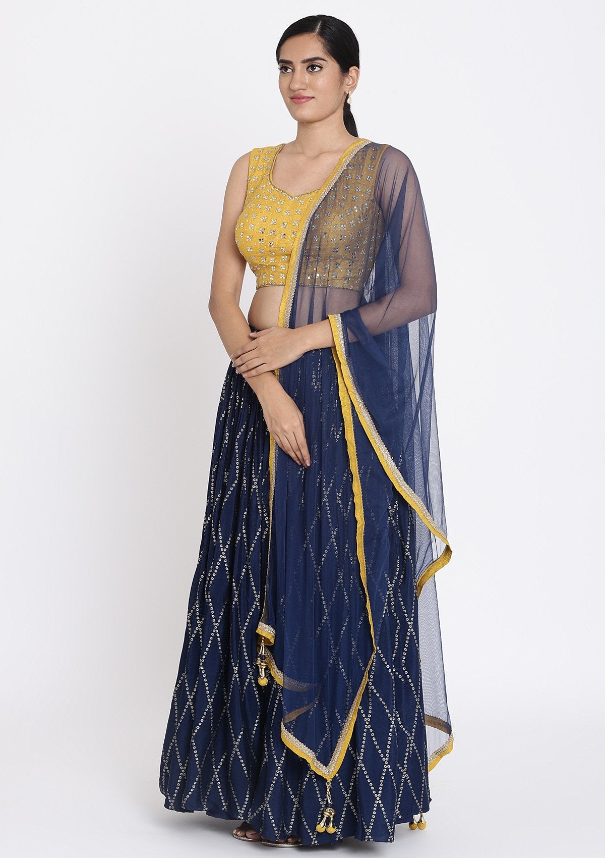 Navy Blue And Yellow Mirrorwork Satin Designer Lehenga - koskii