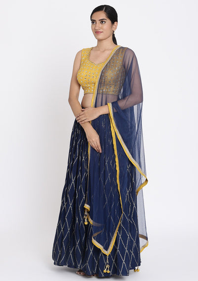 Navy Blue And Yellow Mirrorwork Satin Designer Lehenga - koskii