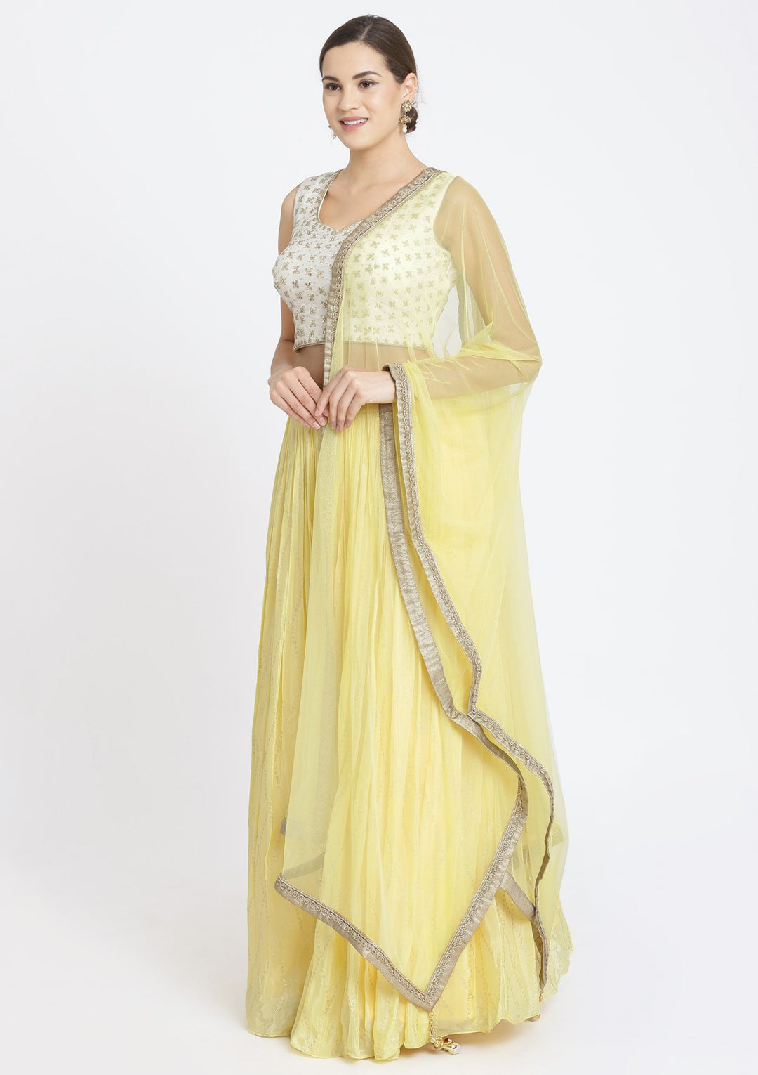 Yellow and Off-White Mirrorwork Satin Designer Lehenga-Koskii