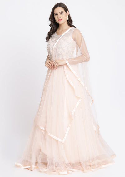 Peach Silver Stonework Net Designer Gown-Koskii