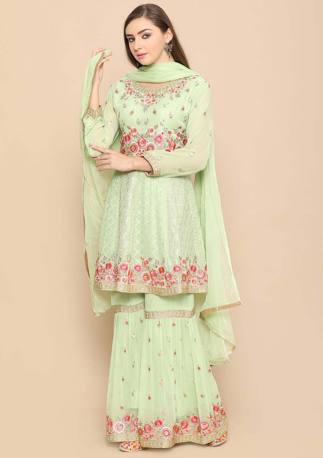 Light Green Thread Work Net Designer Sharara-Koskii