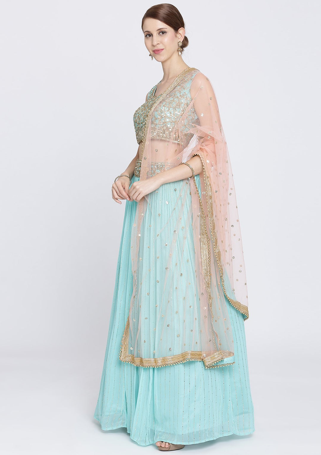 Sky Blue Cutdana Georgette Designer Lehenga-Koskii