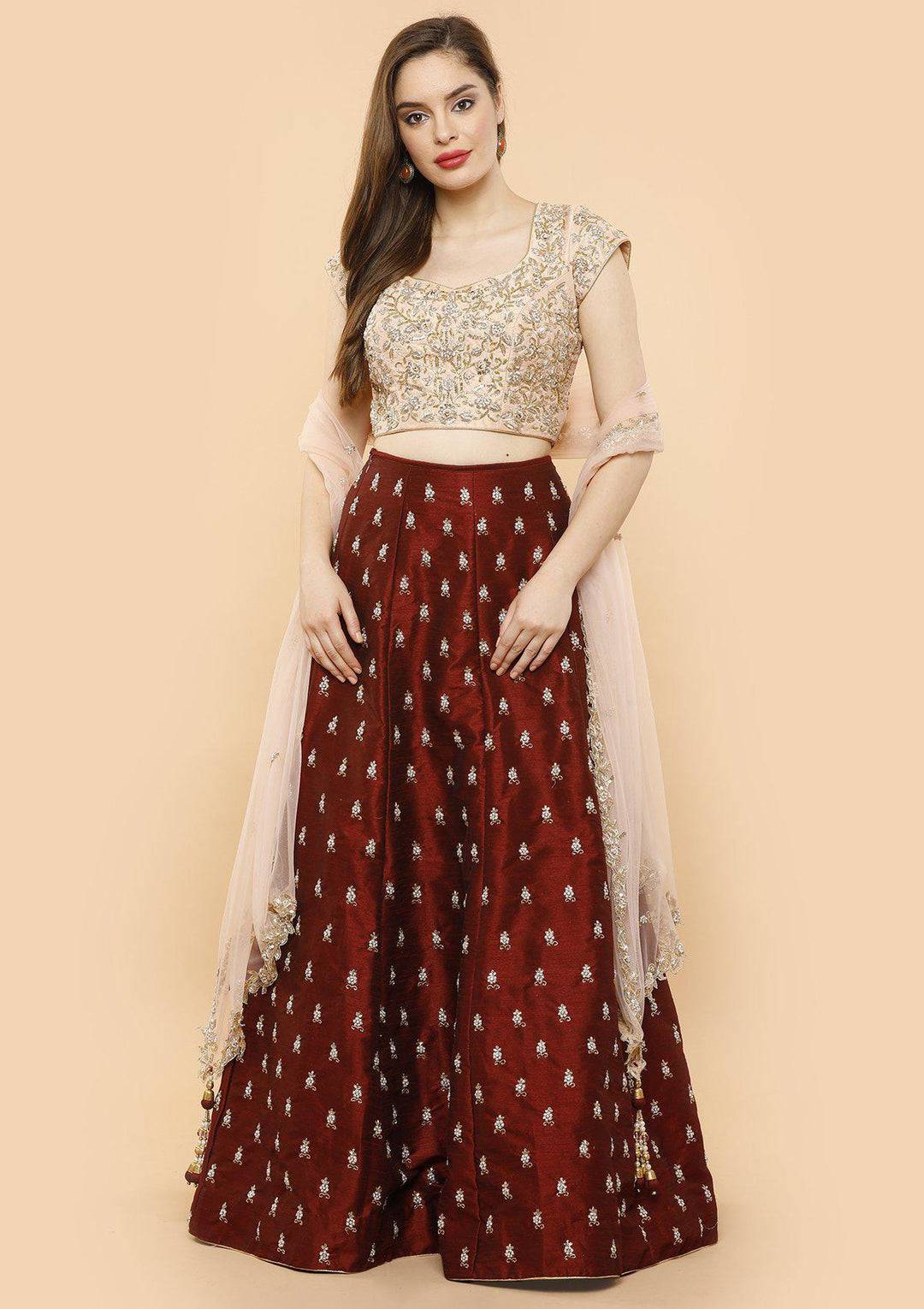 KOSKII rawsilk maroon and pink bridal lehenga-Koskii
