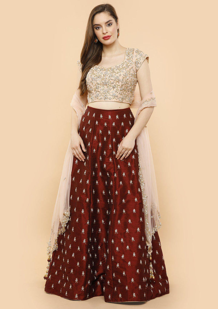 KOSKII rawsilk maroon and pink bridal lehenga-Koskii