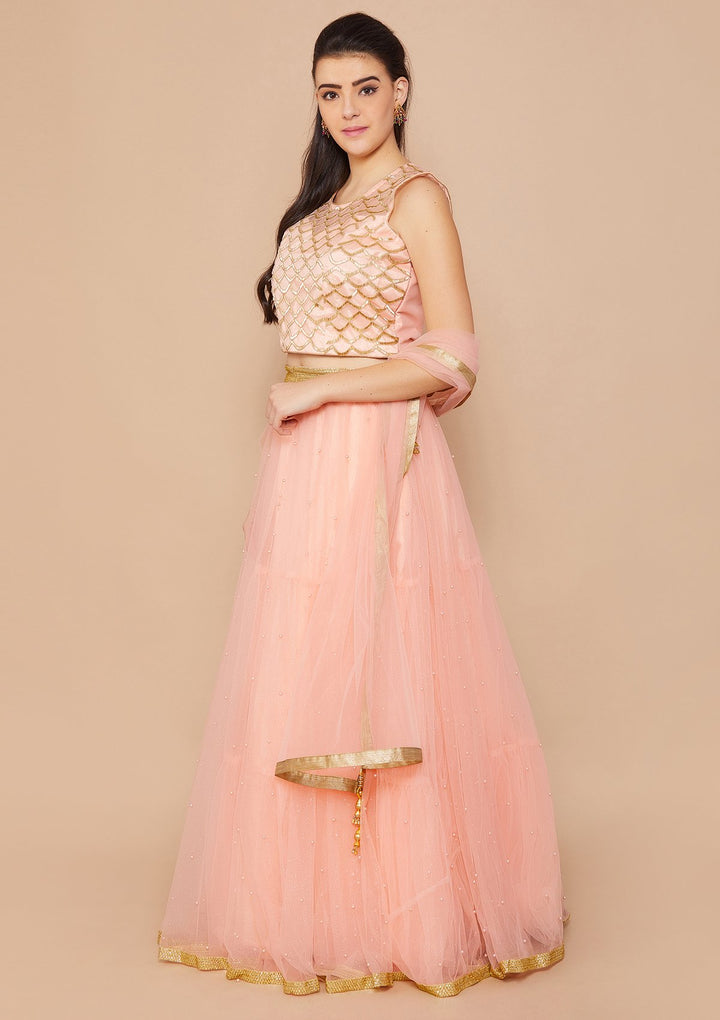Coral Pink Cutdana Raw-Silk Lehenga-Koskii