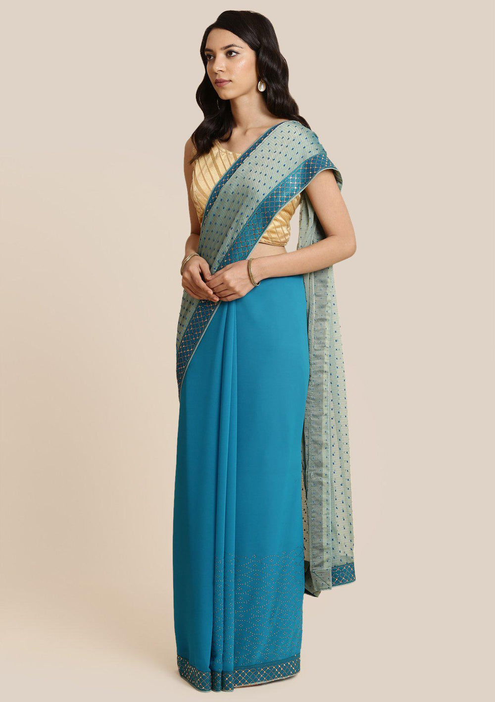 Blue Swarovski Georgette Designer Saree-Koskii