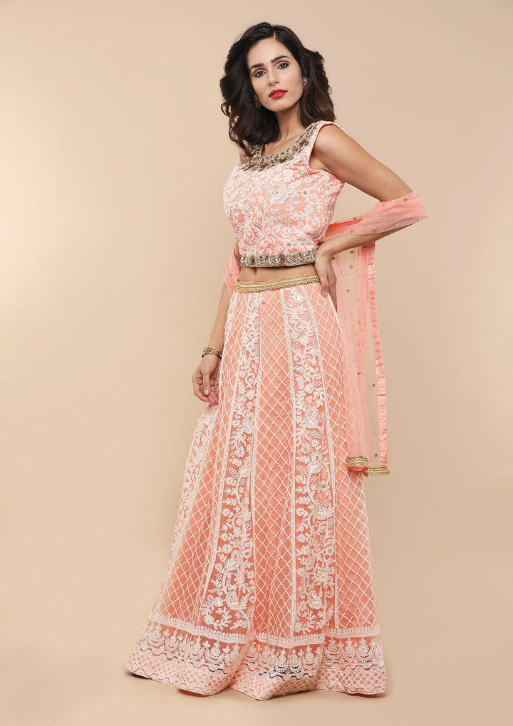 Peach Thread Work Net Designer Lehenga-Koskii