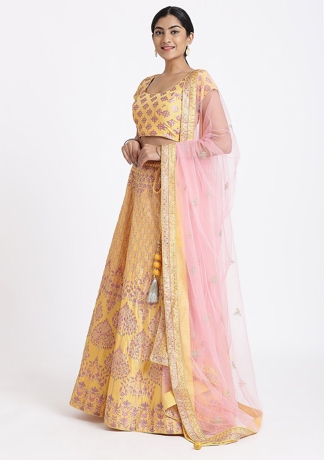 Yellow Sequinned Raw Silk Designer Lehenga-Koskii