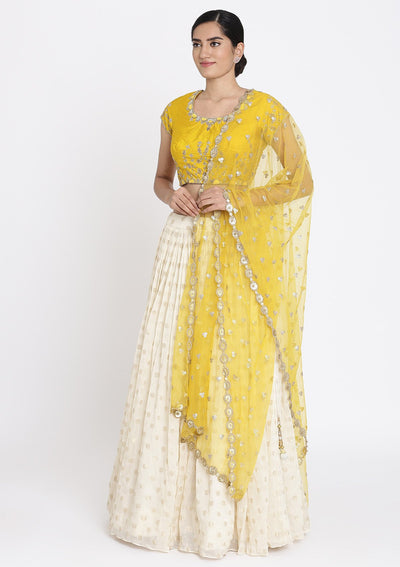 Cream And Yellow Zardosi Georgette Designer Lehenga - koskii