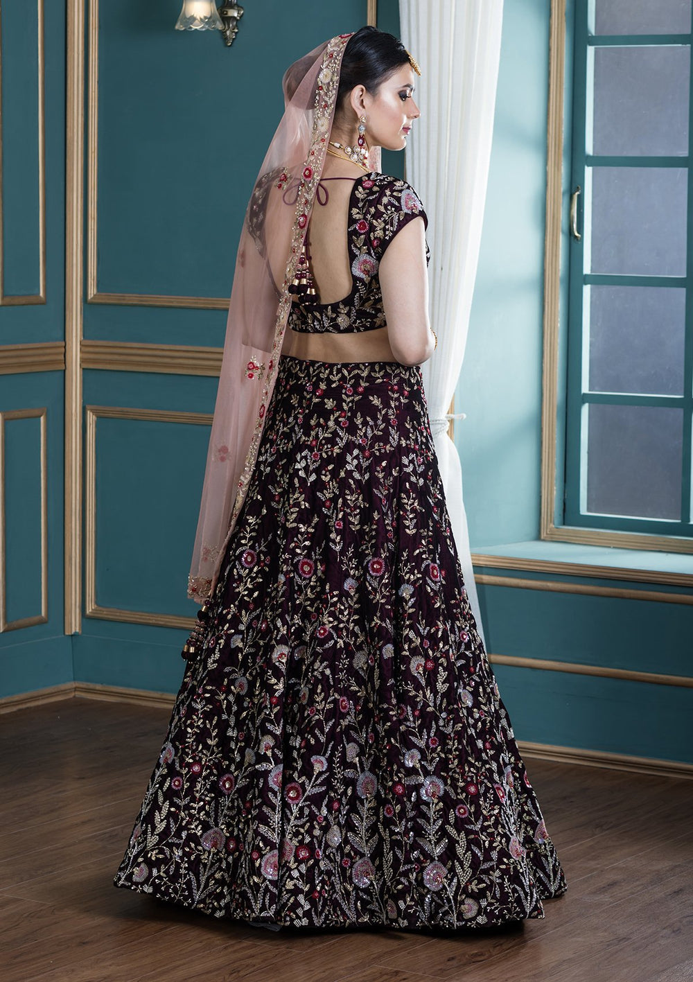Wine Red Zardozi Work Velvet Designer Lehenga-Koskii