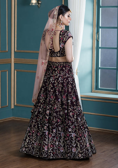 Wine Red Zardozi Work Velvet Designer Lehenga-Koskii