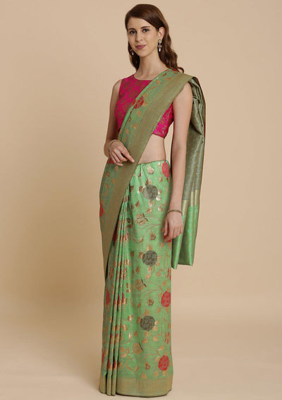 Pista Green Zariwork Raw Silk Designer Saree-Koskii