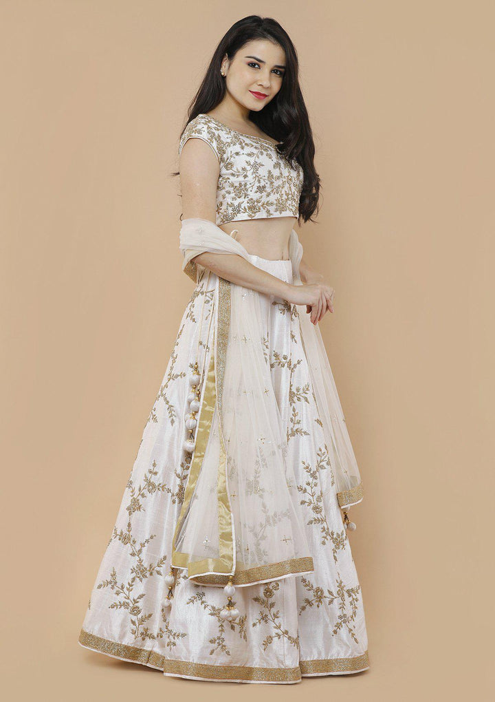 Ivory White Zardozi Work Designer Lehenga-Koskii