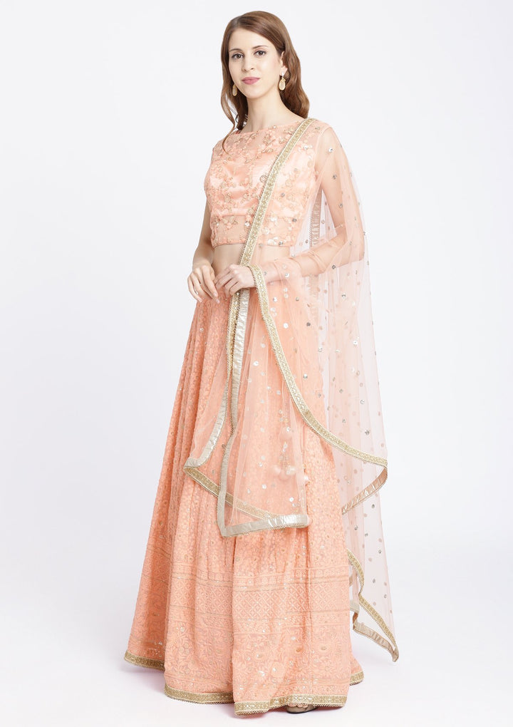 Peach Threadwork Chiffon Designer Lehenga-Koskii
