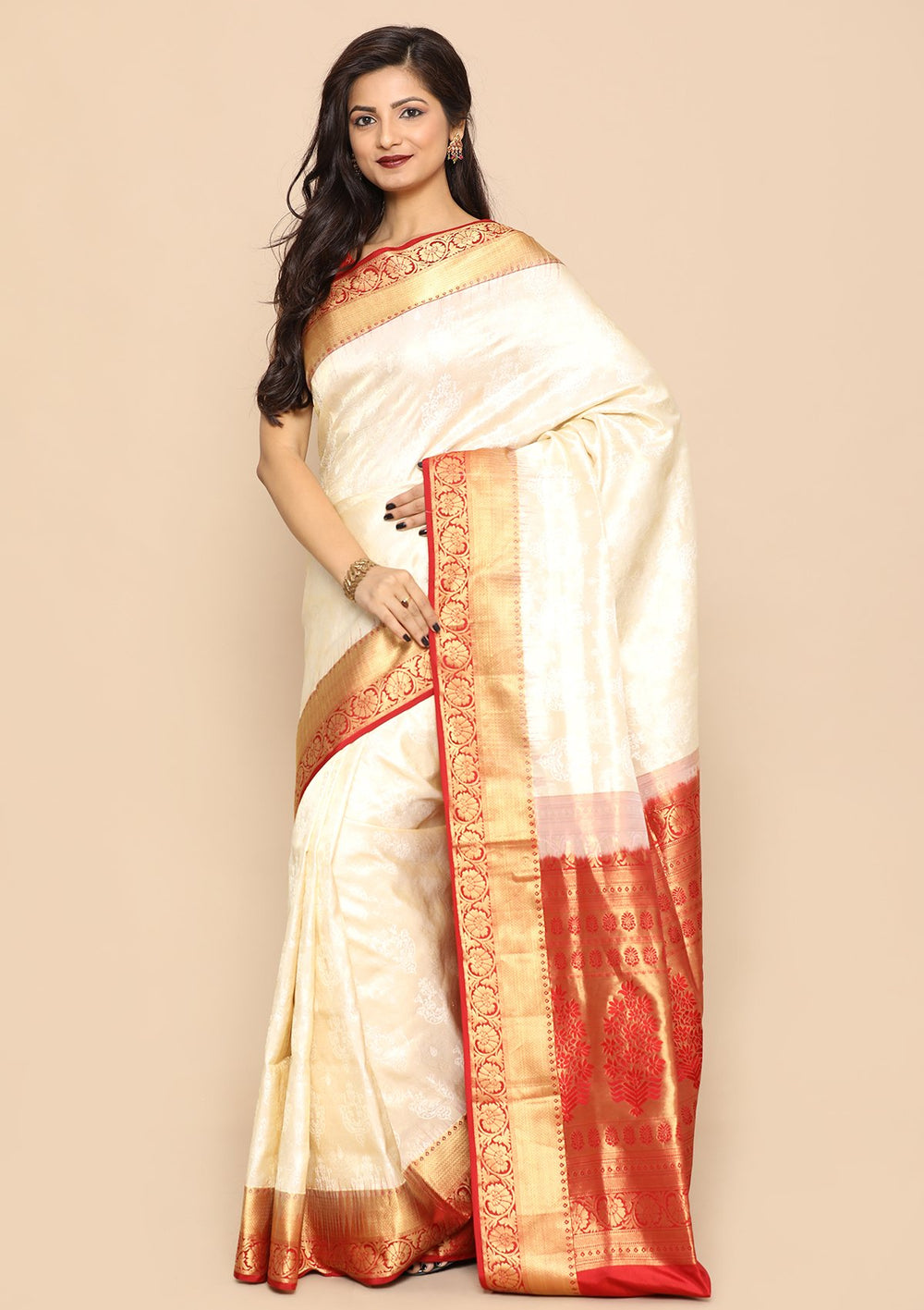 Red and White Handwoven Saree-Koskii