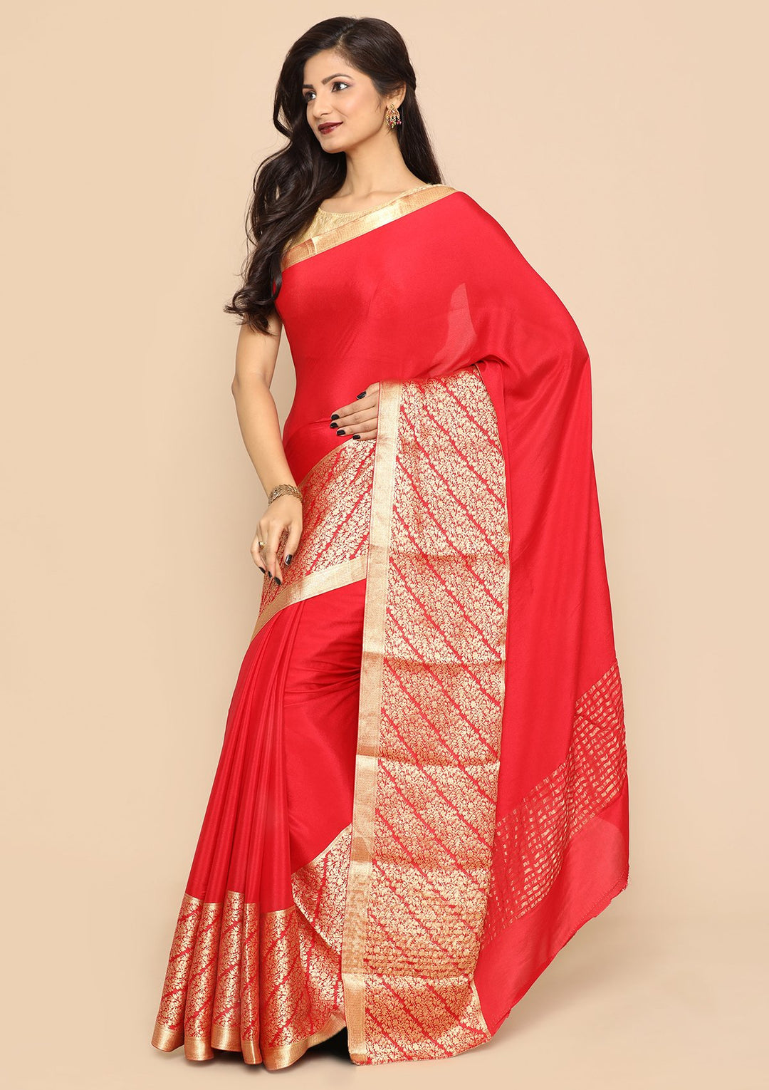 Bright Red Zari Bordered Handmade Saree-Koskii
