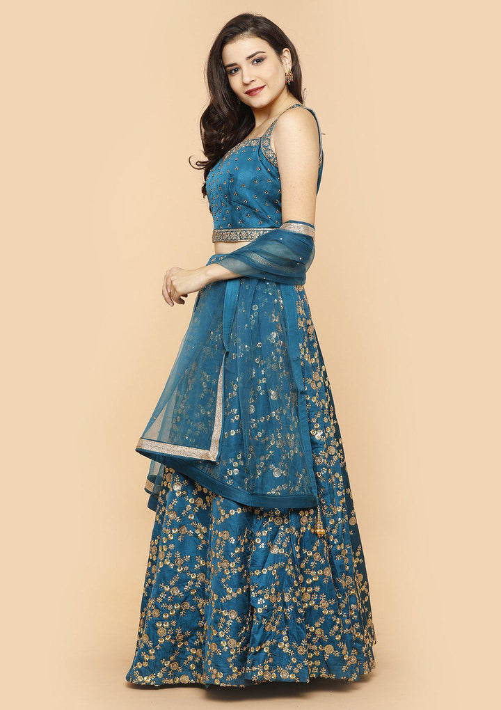 KOSKII PEACOCK GREEN SEQUINED LEHENGA-Koskii