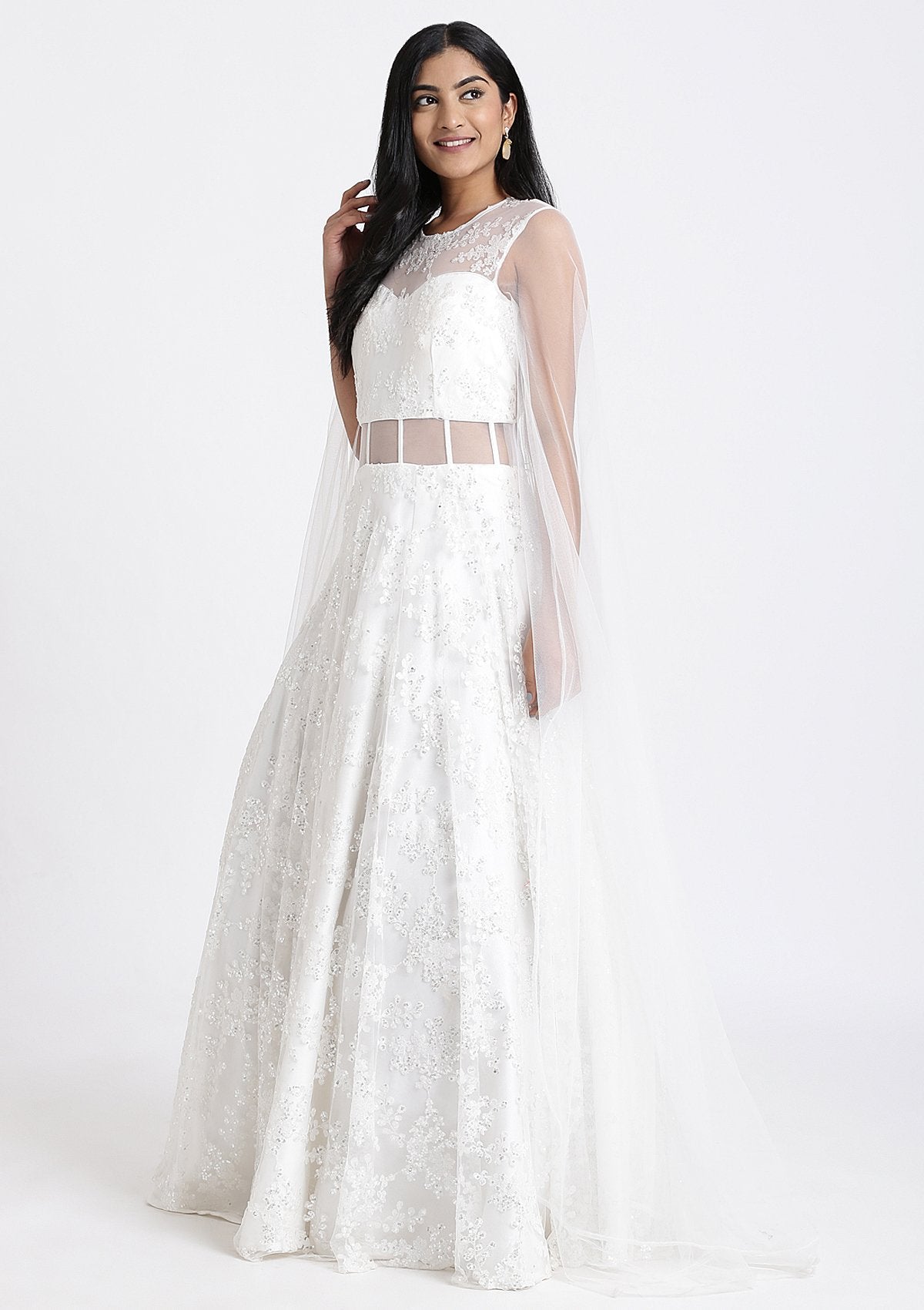 White Sequinned Net Designer Gown-Koskii