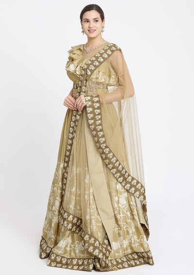 Beige Printed Satin Designer Lehenga-Koskii