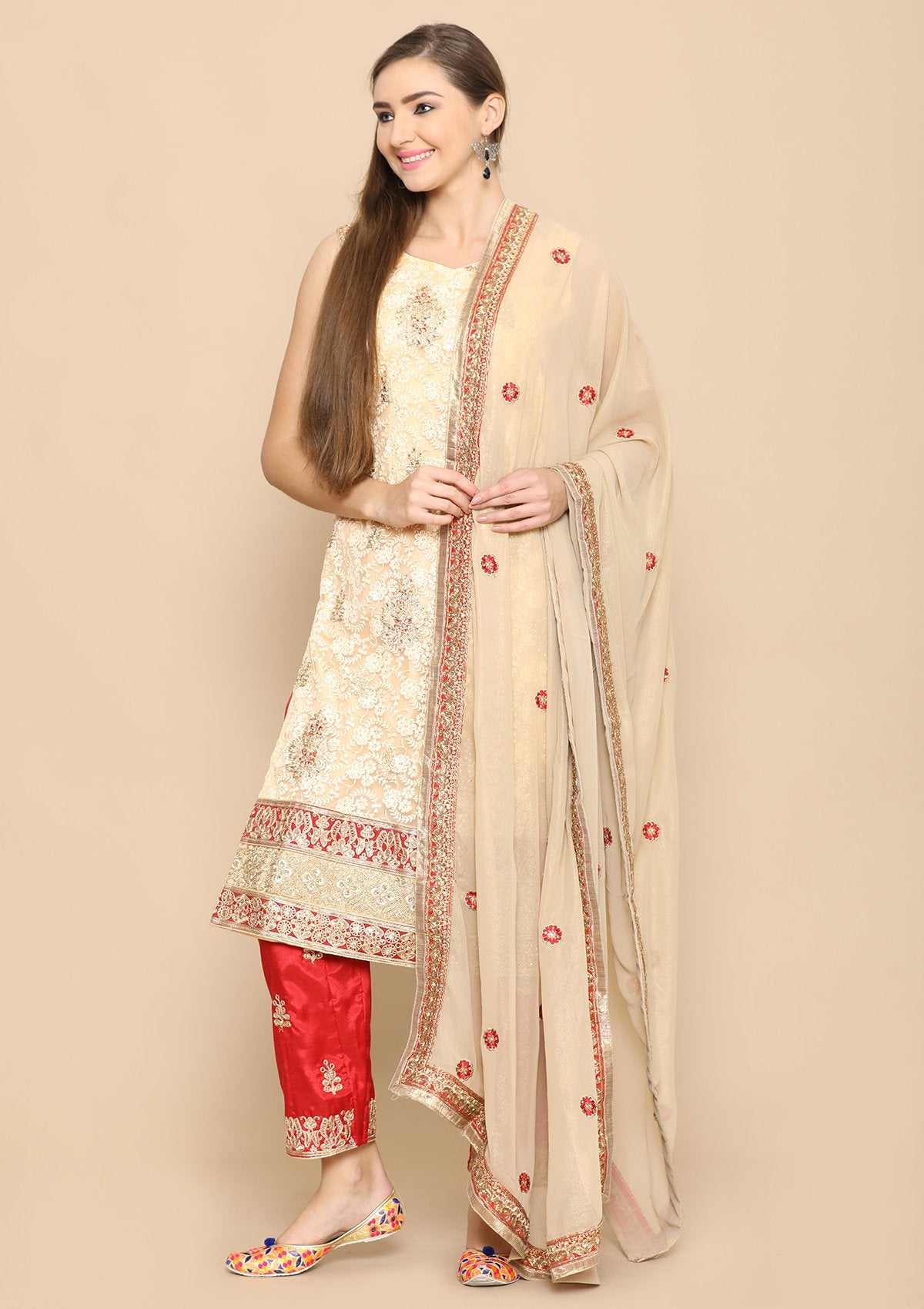 red and beige designer salwar suit-Koskii