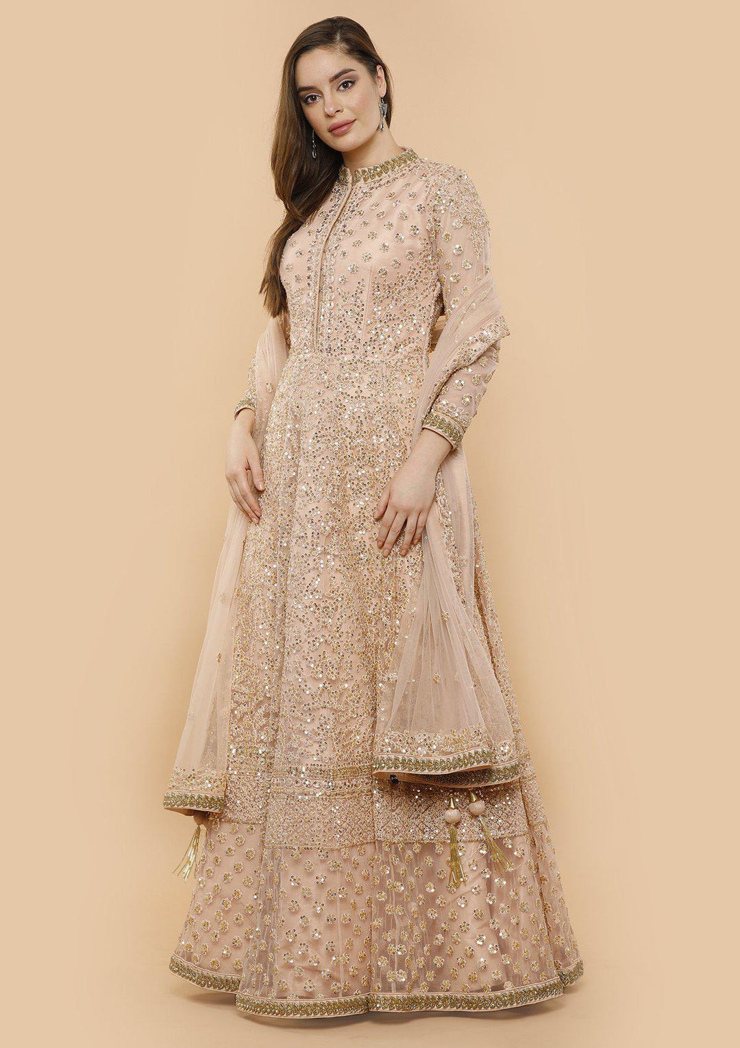 Peach Sequinned Net Designer Gown-Koskii