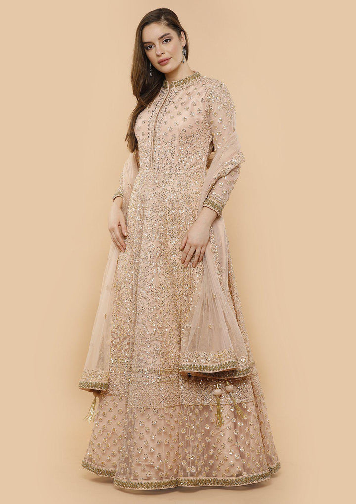 Peach Sequinned Net Designer Gown-Koskii