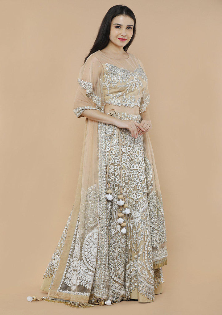 Beige Embellished Silk Designer Lehenga-Koskii