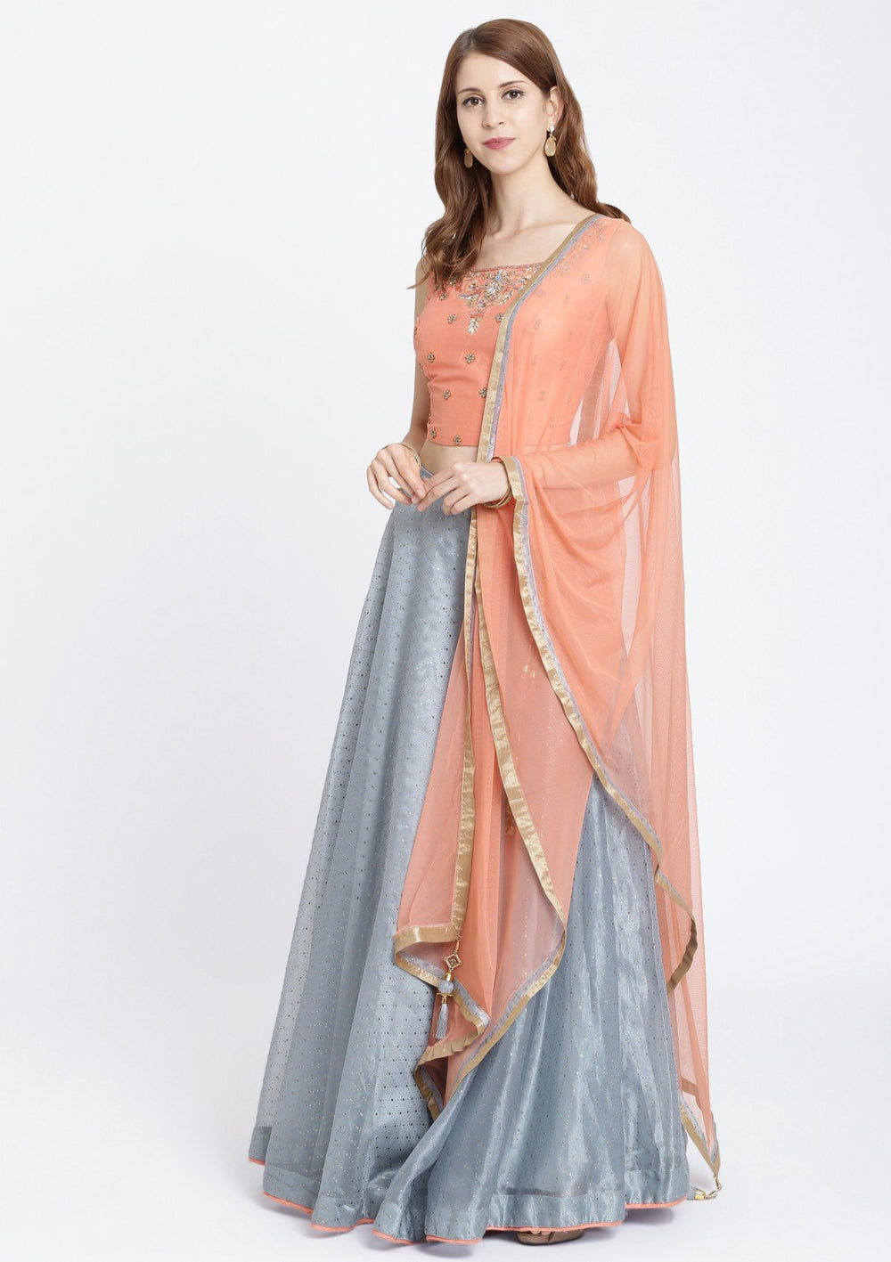 Dark Grey Zardozi Tissue Designer Lehenga-Koskii