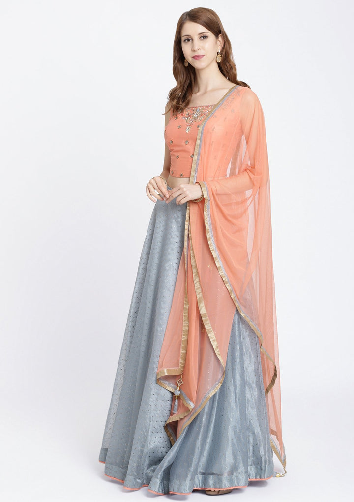 Dark Grey Zardozi Tissue Designer Lehenga-Koskii
