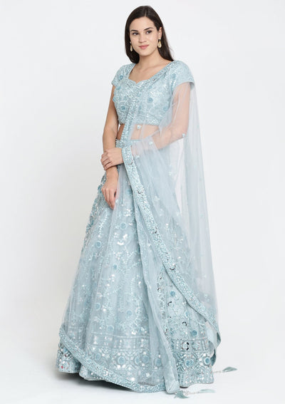 Sea Green Mirror Work Net Designer Lehenga-Koskii