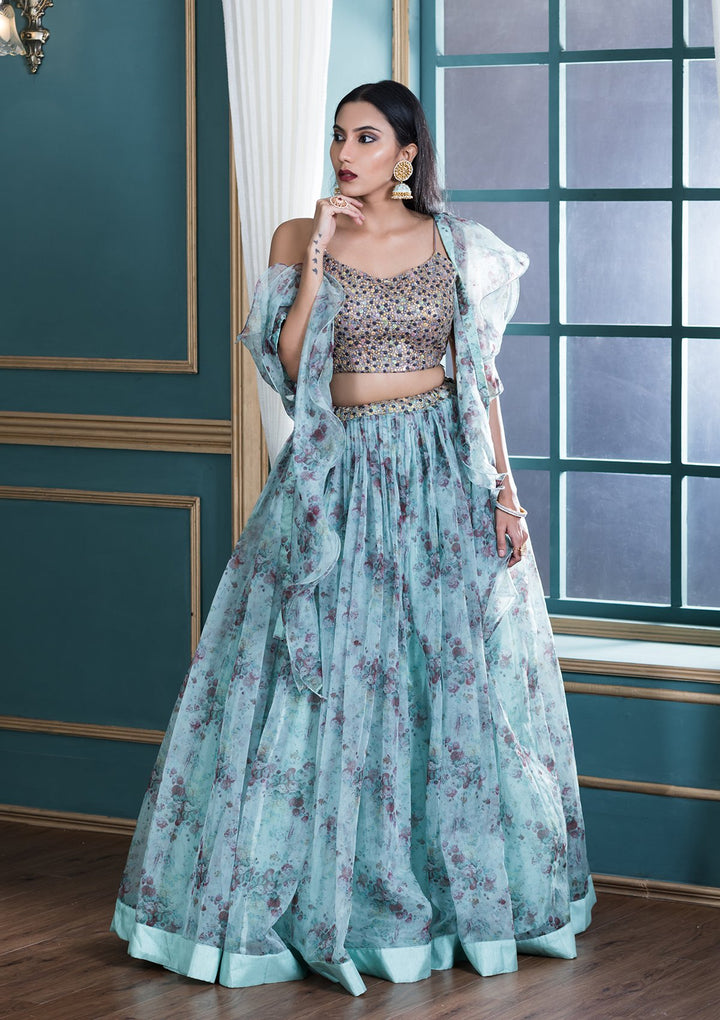 Sea Green Printed Designer Lehenga-Koskii