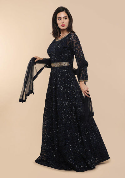 Navy Blue Floral Net Designer Gown-Koskii