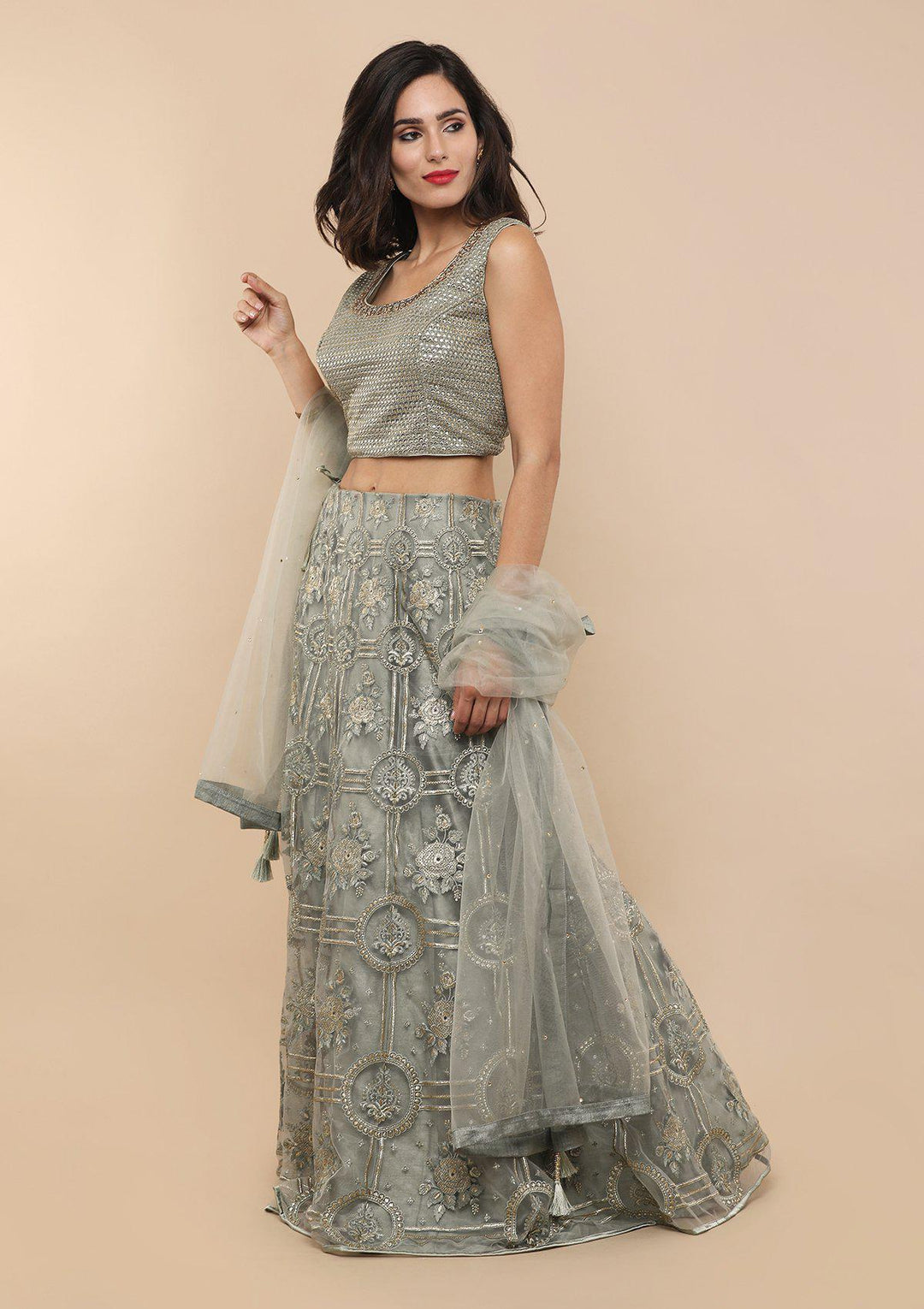 Teal Green Thread Work Net Designer Lehenga-Koskii