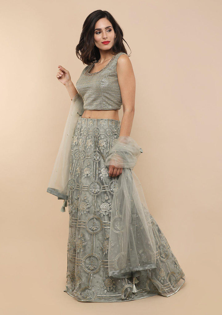 Teal Green Thread Work Net Designer Lehenga-Koskii