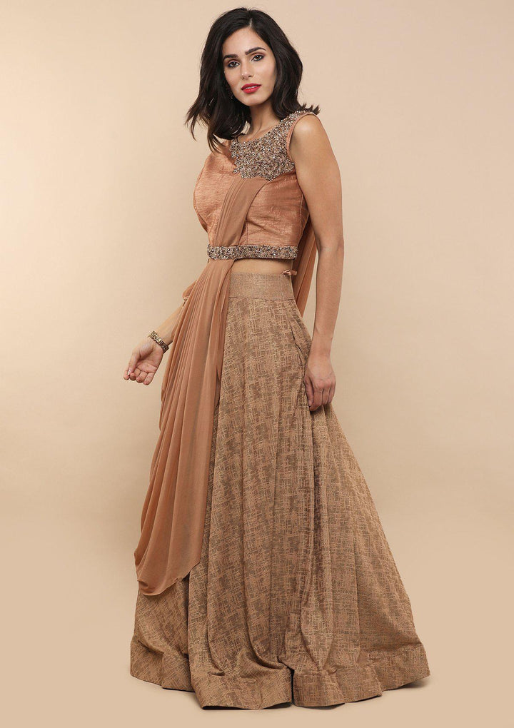Chestnut Brown Raw Silk Drape Designer Lehenga-Koskii