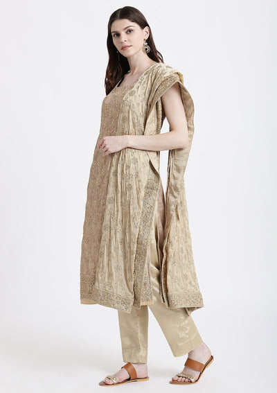 Beige Stonework Chanderi Designer Salwar Suit-Koskii