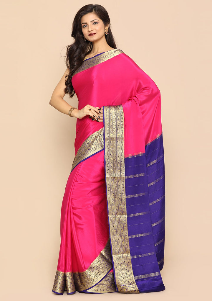 Magenta and Blue Contrast Handmade Saree-Koskii