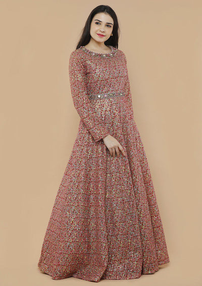 Pink Floral Net Designer Evening Gown-Koskii
